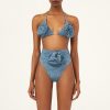 Flower-Decorated One-Shoulder Hollow Soft Denim One-Piece Swimsuit for Women - Image 3