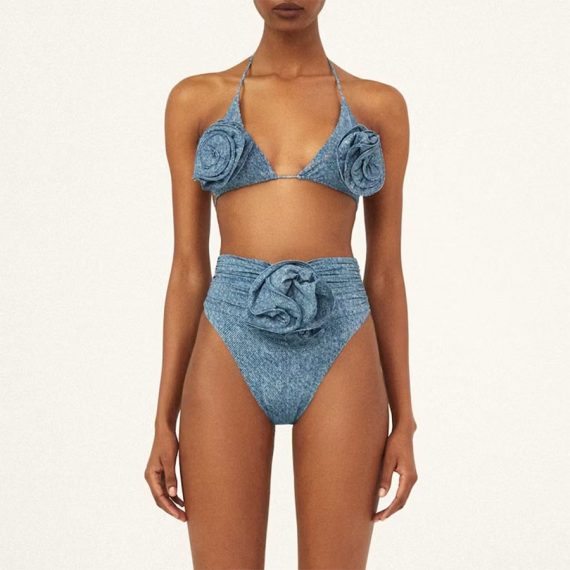Flower-Decorated One-Shoulder Hollow Soft Denim One-Piece Swimsuit for Women - Image 3