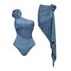 Flower-Decorated One-Shoulder Hollow Soft Denim One-Piece Swimsuit for Women