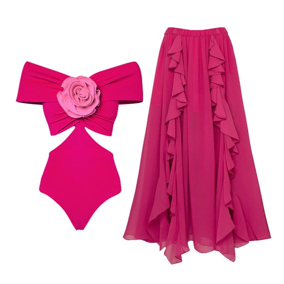 Beach Vacation Rose Flower One-Piece Swimsuit for Women
