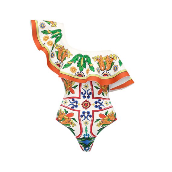 One-Shoulder Ruffled Printed One-Piece Swimsuit for Women - Image 5