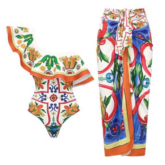 One-Shoulder Ruffled Printed One-Piece Swimsuit for Women