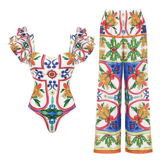 One-Shoulder Ruffled Printed One-Piece Swimsuit for Women - Image 2