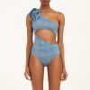 Flower-Decorated One-Shoulder Hollow Soft Denim One-Piece Swimsuit for Women - Image 2