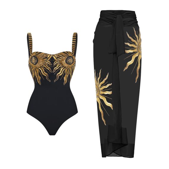 Holiday Black And Gold Sequin One-Piece Swimsuit for Women