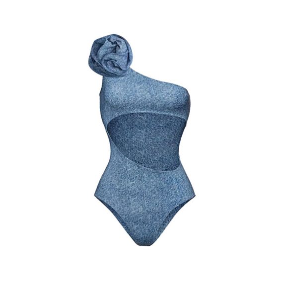 Flower-Decorated One-Shoulder Hollow Soft Denim One-Piece Swimsuit for Women - Image 8