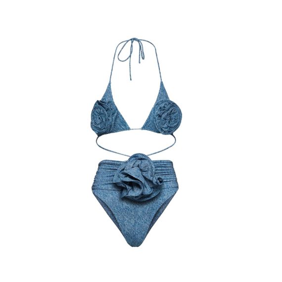 Flower-Decorated One-Shoulder Hollow Soft Denim One-Piece Swimsuit for Women - Image 9